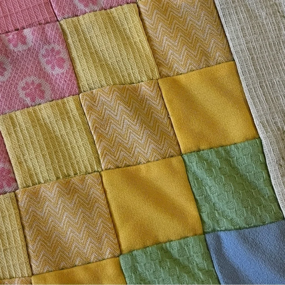 Pastel Baby Quilt Handmade Patchwork Satin Edge Crib Blanket Easter Pink Green